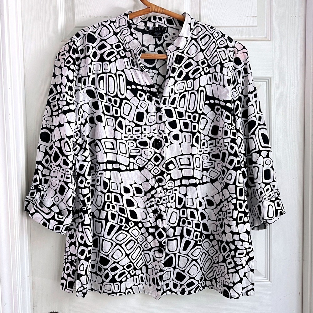 Carole Little Shirt 2X Womens Linen 3/4 Sleeve Black White Geometric Art‎ Top